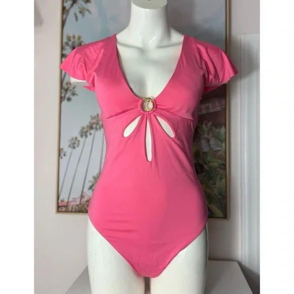 Trina Turk Pink Flutter Sleeve V-Neck One Piece Swimsuit Geranium Size 14 XL
